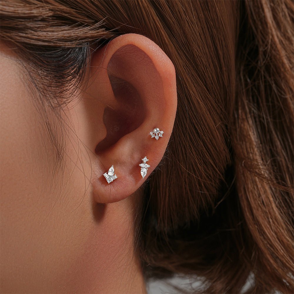 925 Sterling Silver Crown Flat End Ear Piercing Stud Set