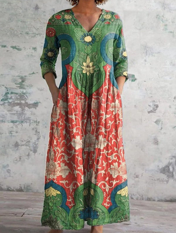 Abriella – Long Dress with Lotus Print and Pockets