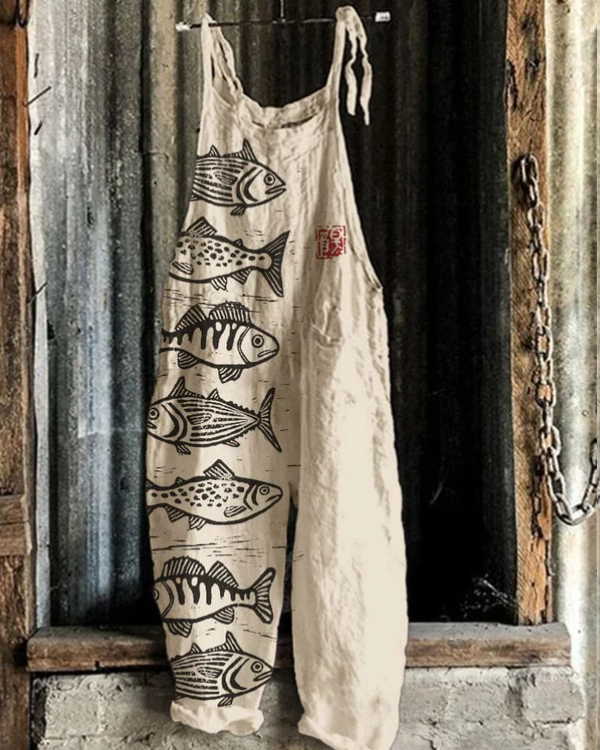 Afra – Vintage Overall with Fish Prints