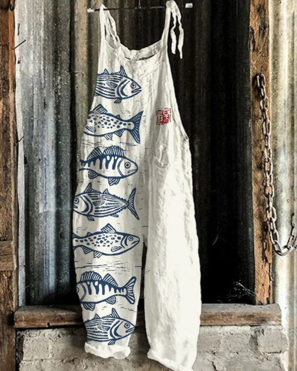 Afra – Vintage Overall with Fish Prints
