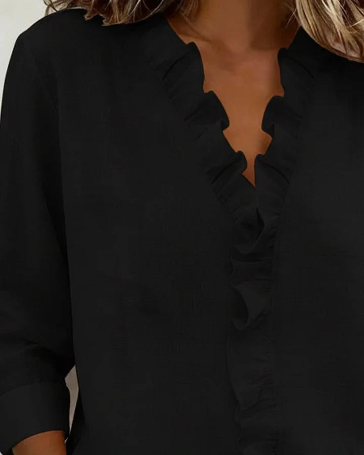 Aletta – Blouse with Ruffles, V-Neck, and Long Sleeves