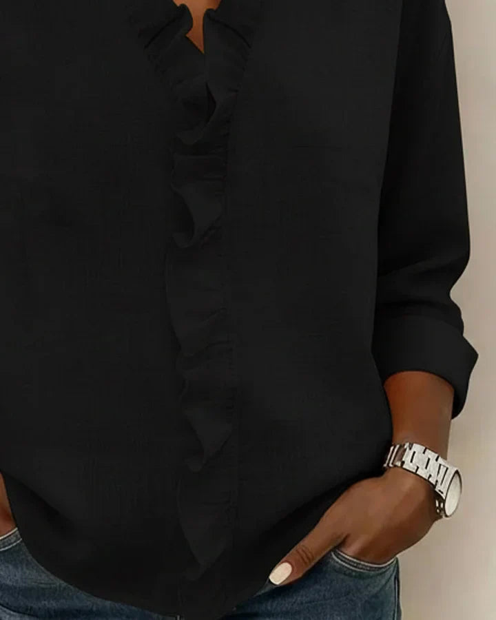 Aletta – Blouse with Ruffles, V-Neck, and Long Sleeves