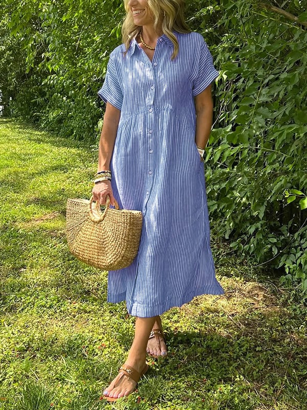 Alory – Comfortable Striped Midi Dress with Button Placket