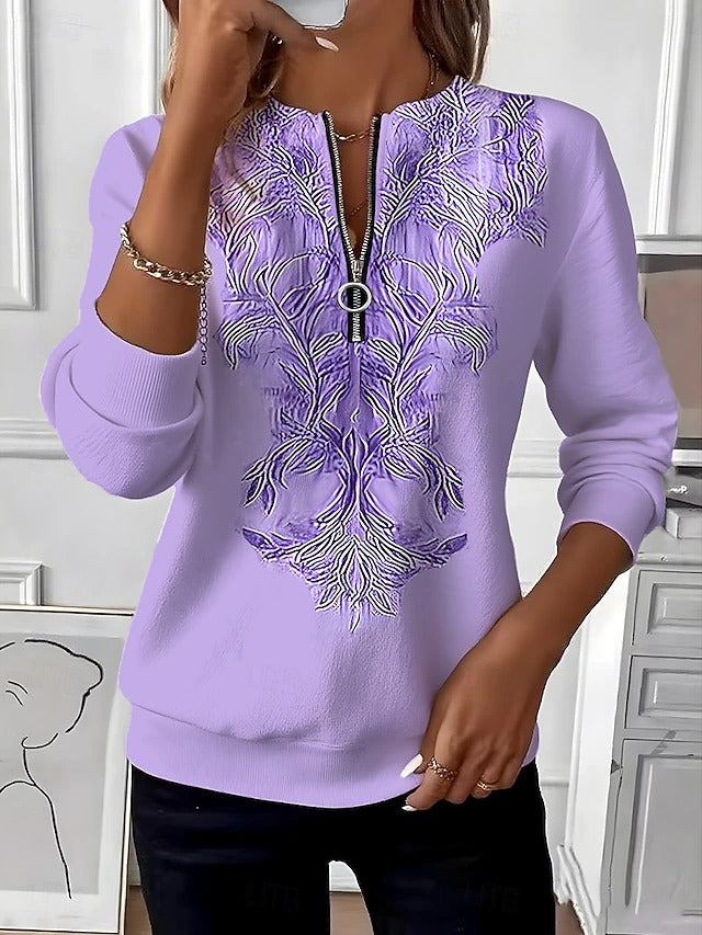 Alvilda – Elegant Sweater with Half Zipper and Embroidery