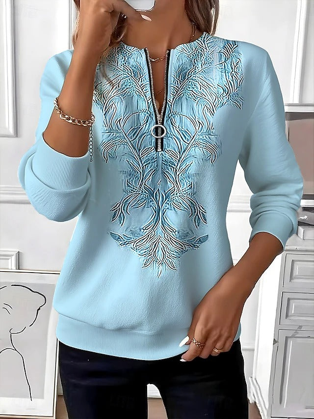 Alvilda – Elegant Sweater with Half Zipper and Embroidery