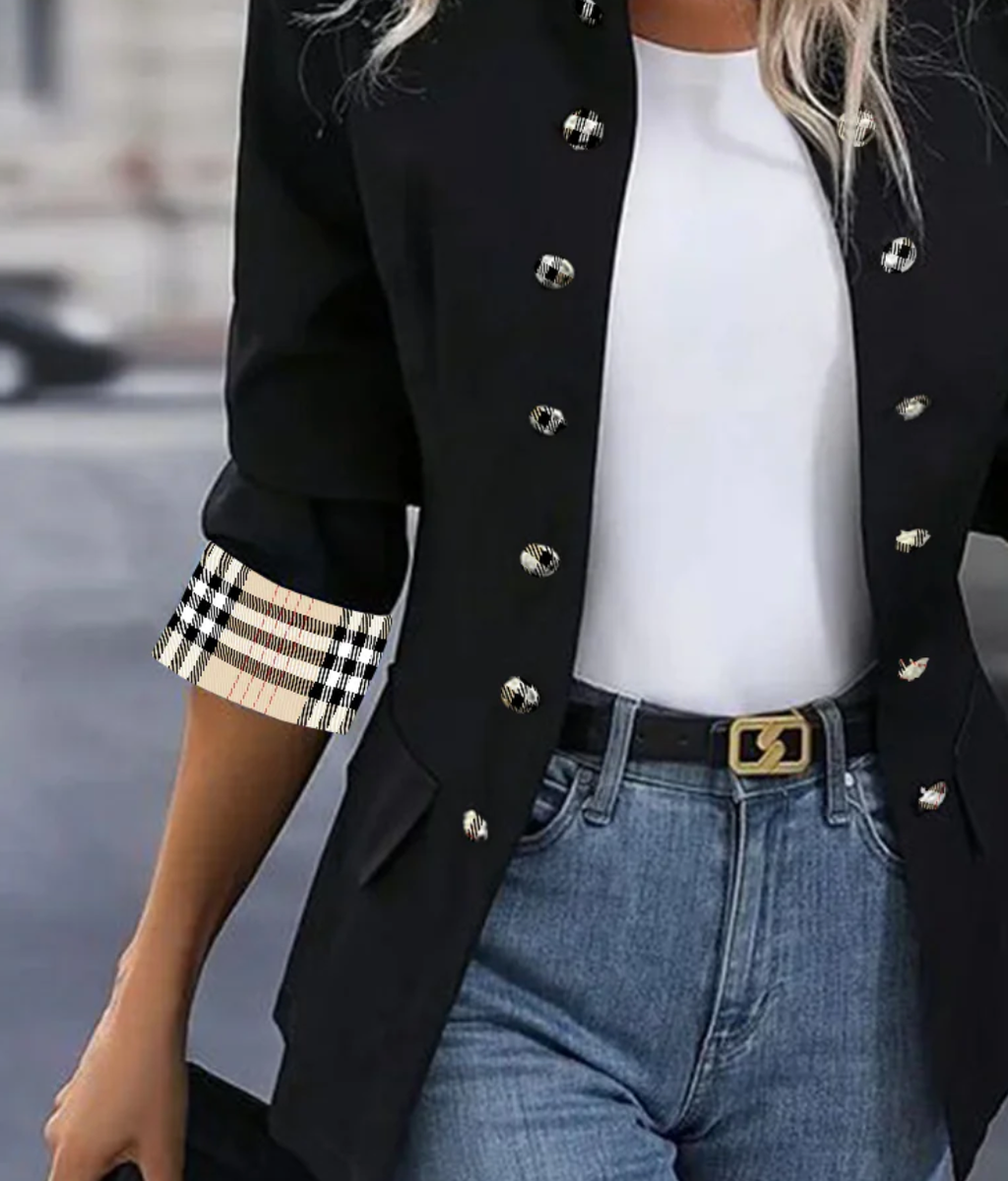 Amélee - Modern Black Checkered Jacket with Long Sleeves