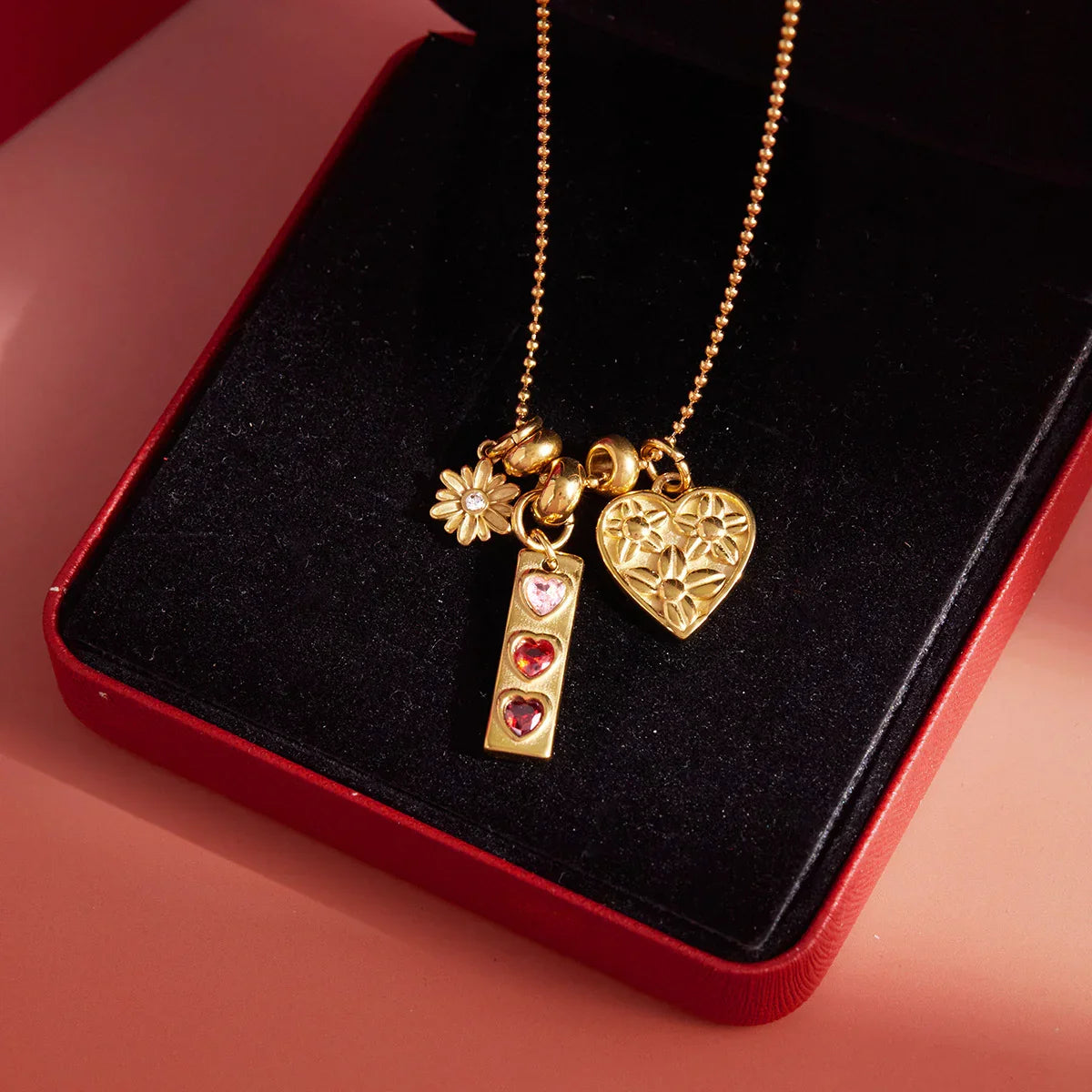 Amora Vintage Triple Heart Charm Necklace