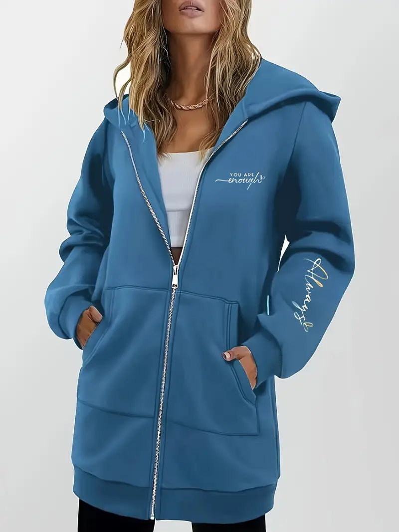 Angeleen – Hooded Jacket with Zipper and Geometric Print