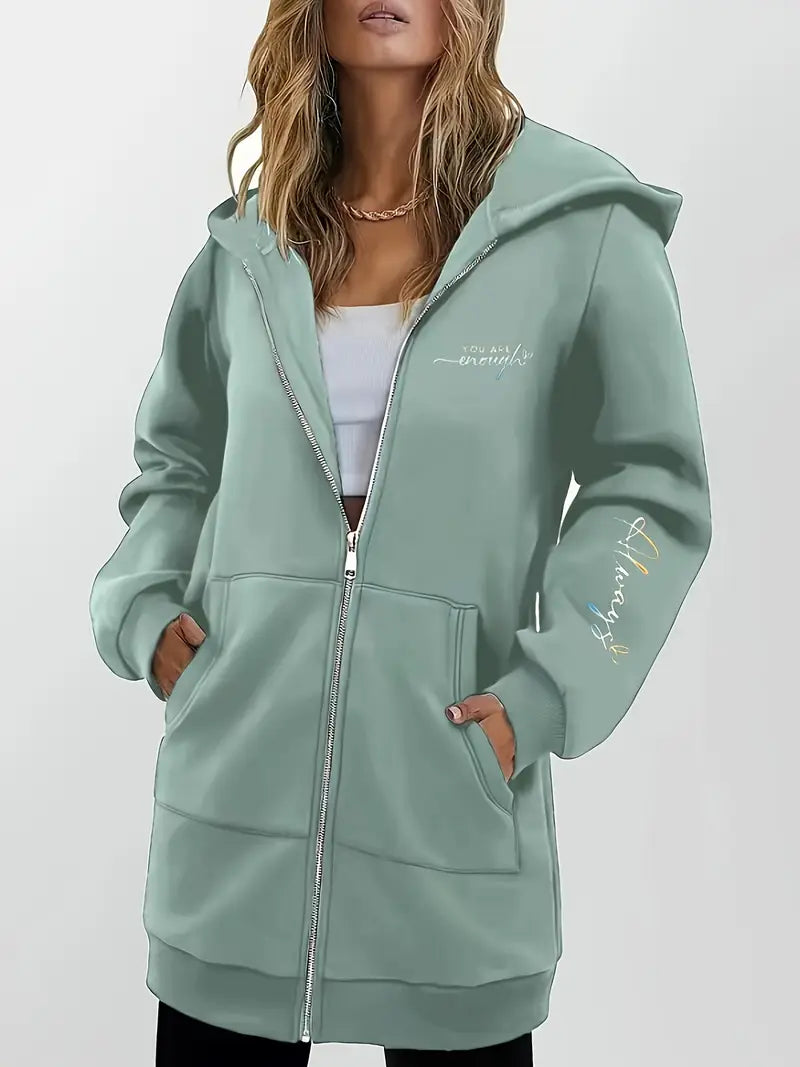 Angeleen – Hooded Jacket with Zipper and Geometric Print