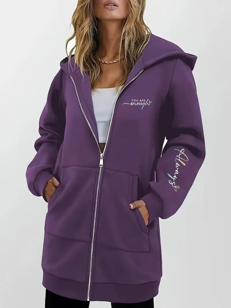Angeleen – Hooded Jacket with Zipper and Geometric Print