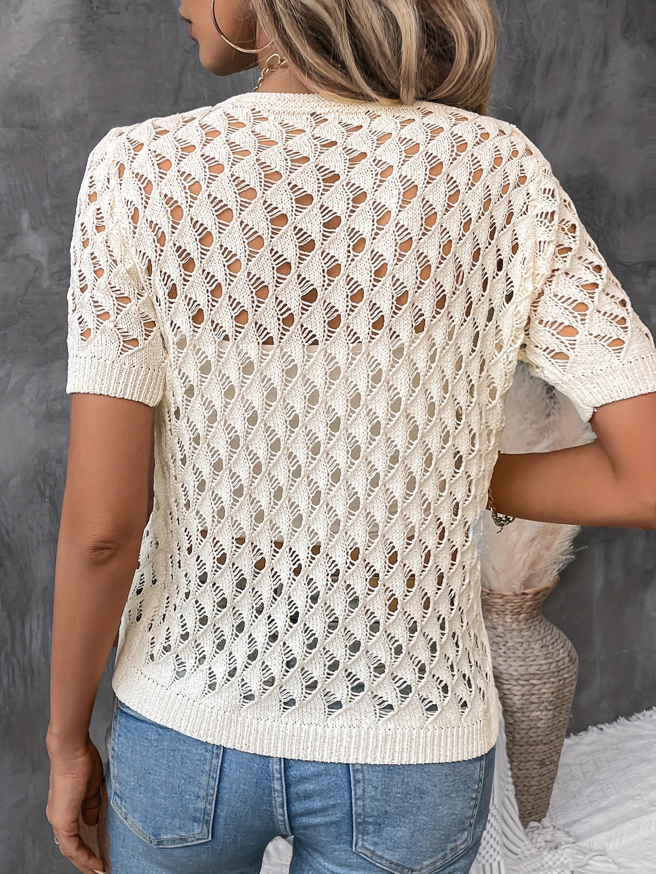 Angelique - Elegant V-Neck Short Sleeve Lace Sweater