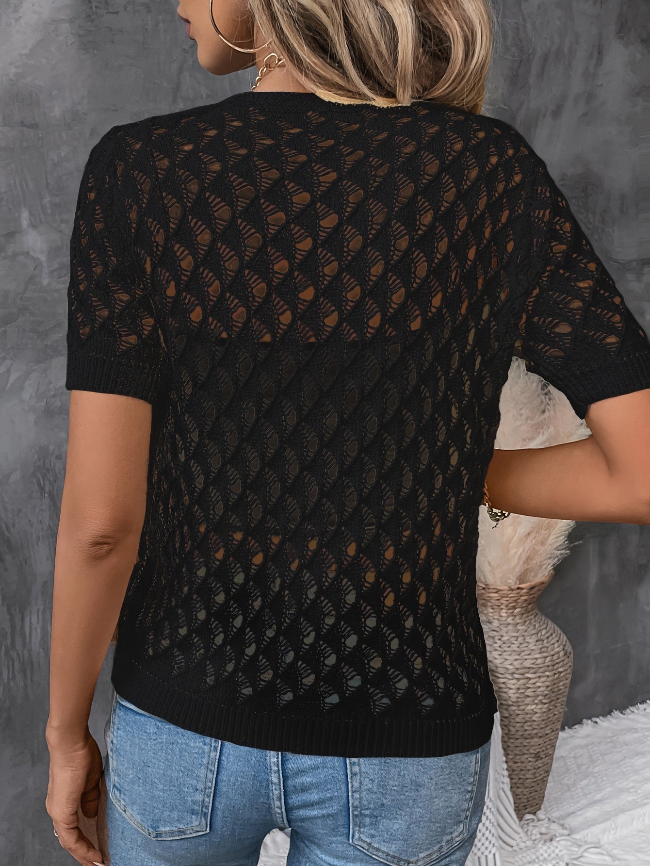 Angelique - Elegant V-Neck Short Sleeve Lace Sweater