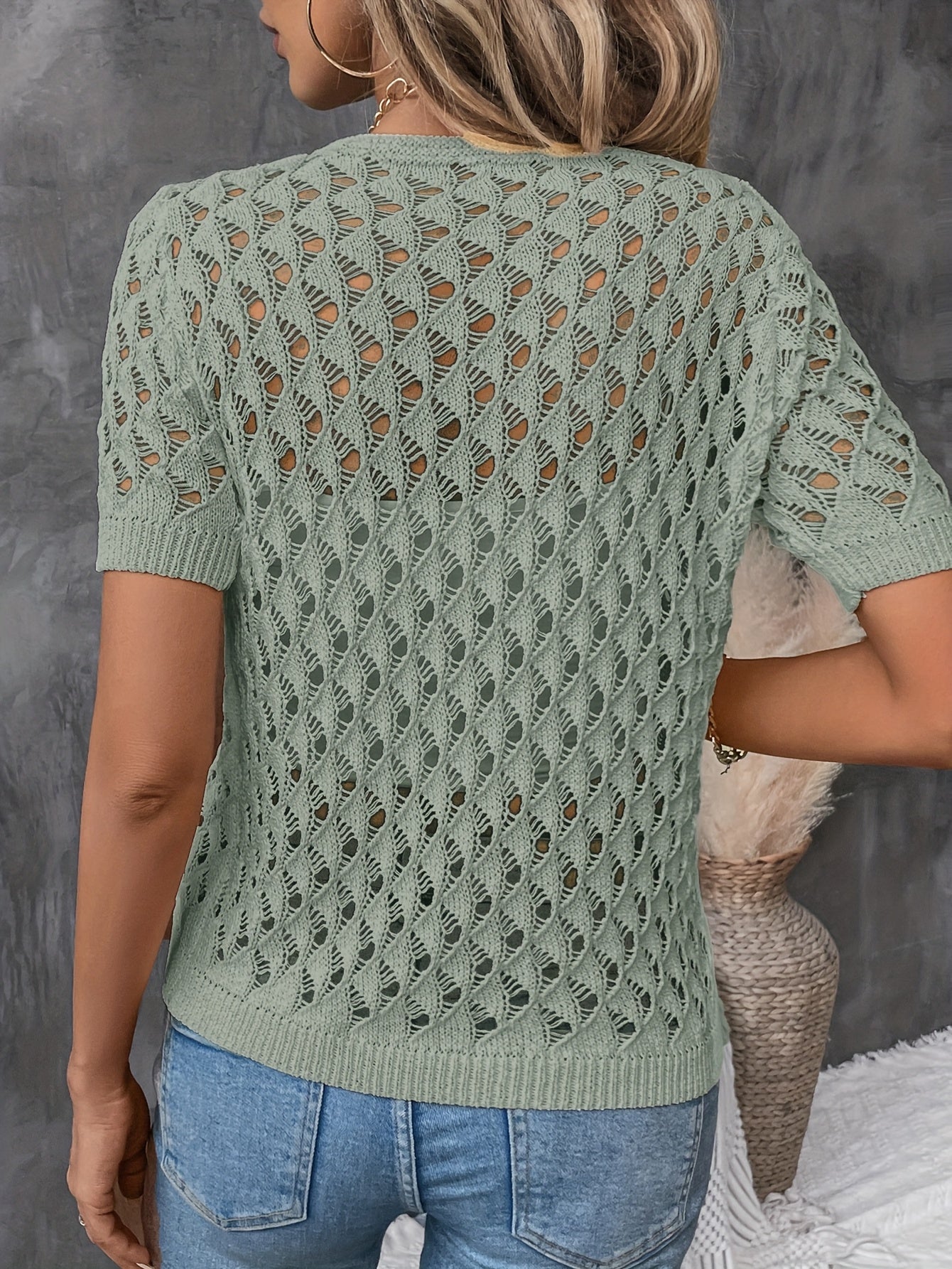 Angelique - Elegant V-Neck Short Sleeve Lace Sweater