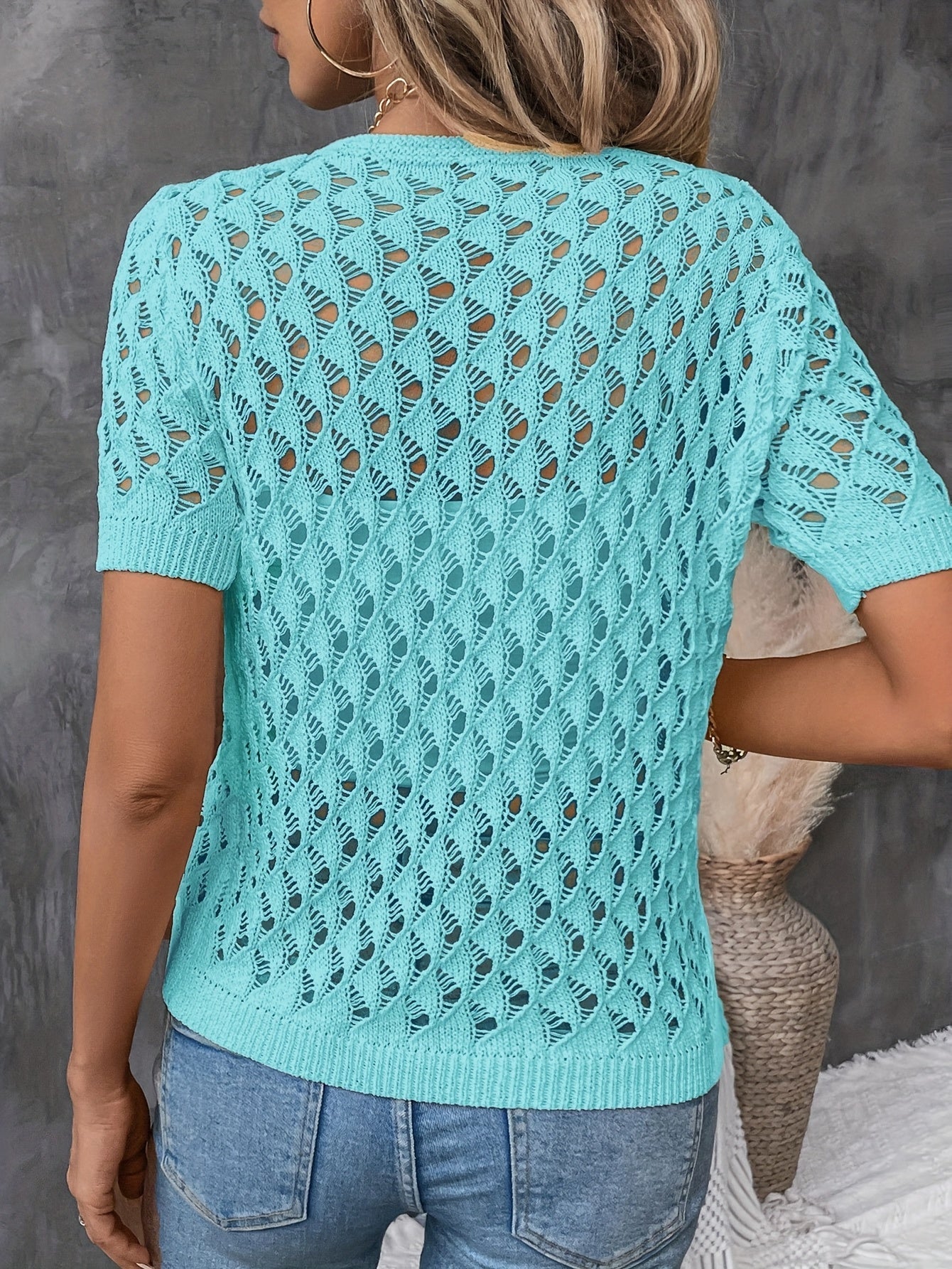 Angelique - Elegant V-Neck Short Sleeve Lace Sweater