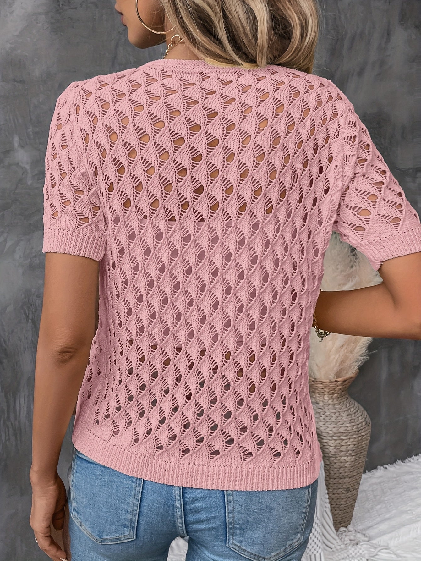 Angelique - Elegant V-Neck Short Sleeve Lace Sweater