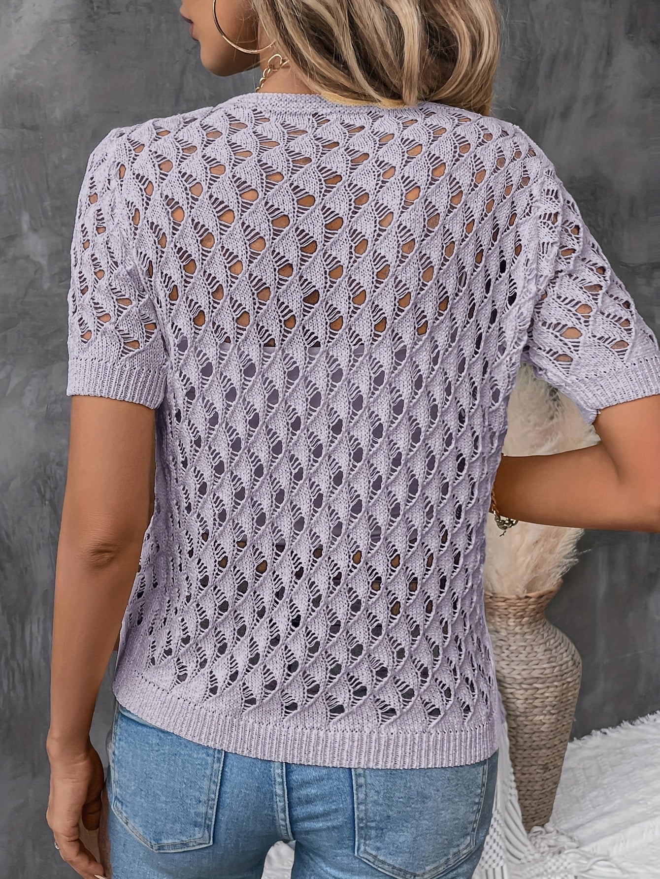 Angelique - Elegant V-Neck Short Sleeve Lace Sweater