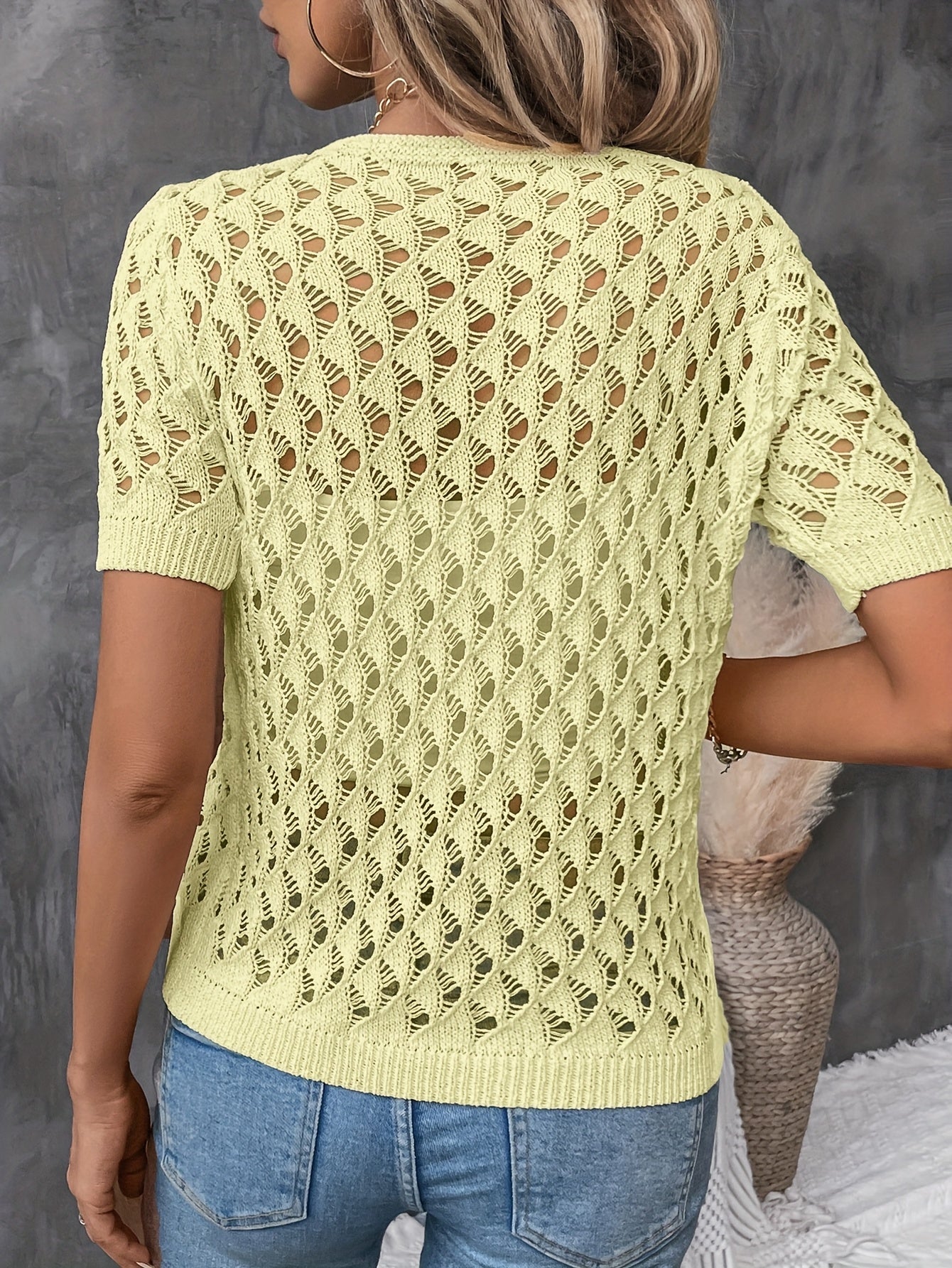 Angelique - Elegant V-Neck Short Sleeve Lace Sweater