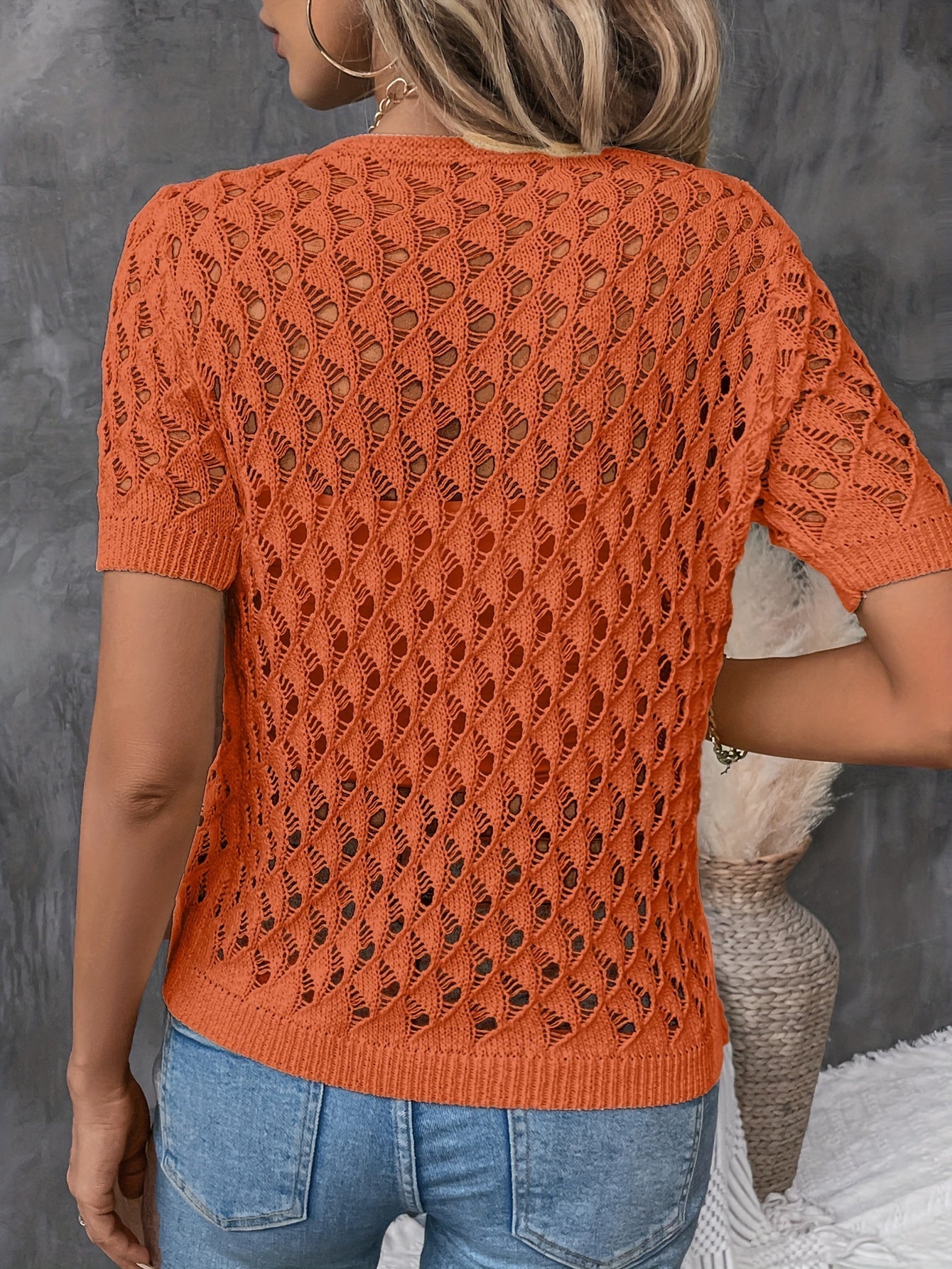 Angelique - Elegant V-Neck Short Sleeve Lace Sweater
