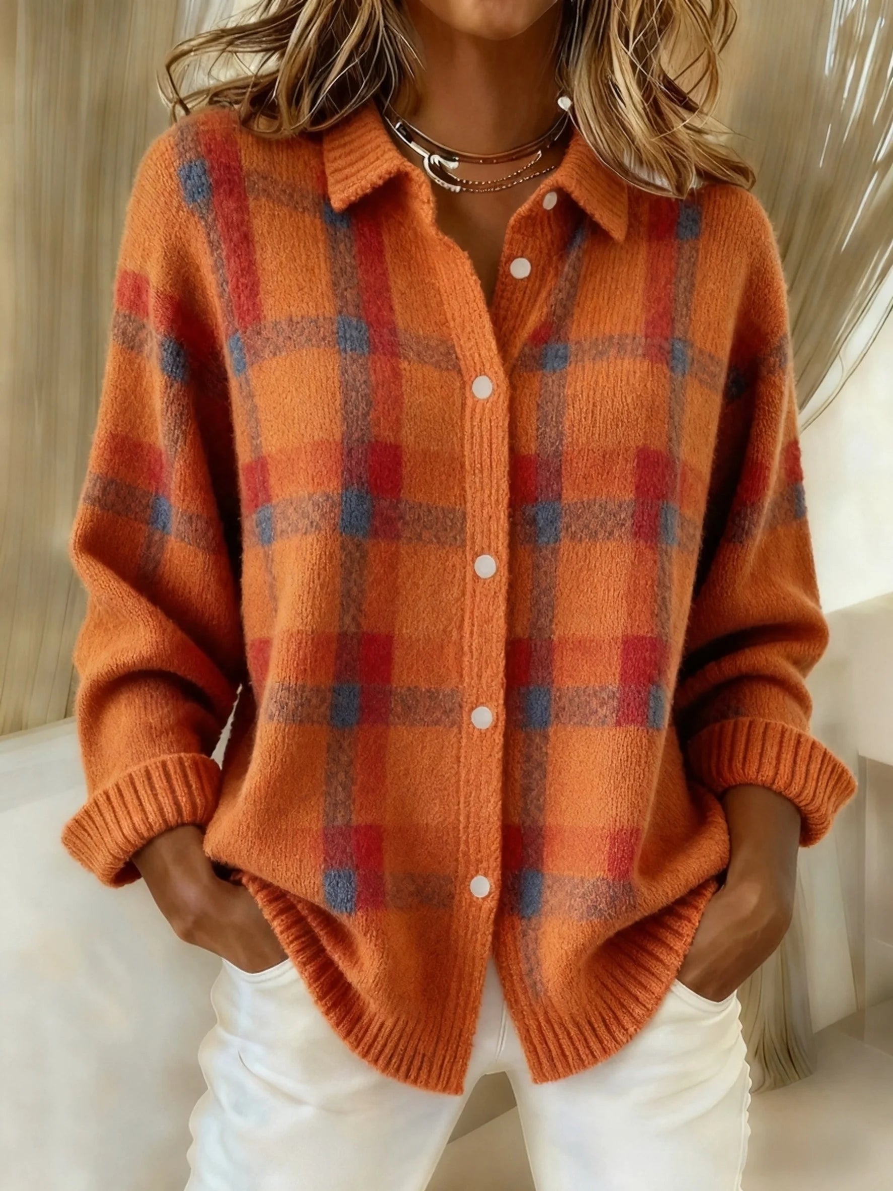 Anny – Casual Checked Knit Sweater with Buttons