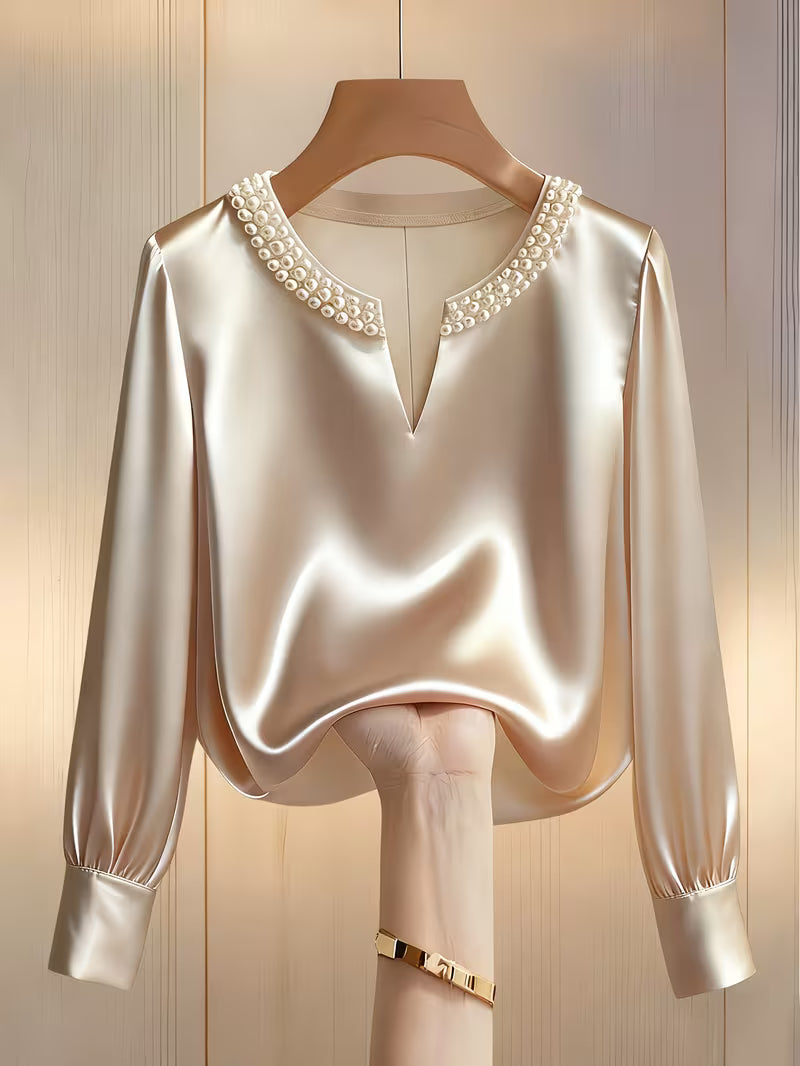 Avinaya - Elegant Long Sleeve Shirt with Round Neck and Pearl Decoration