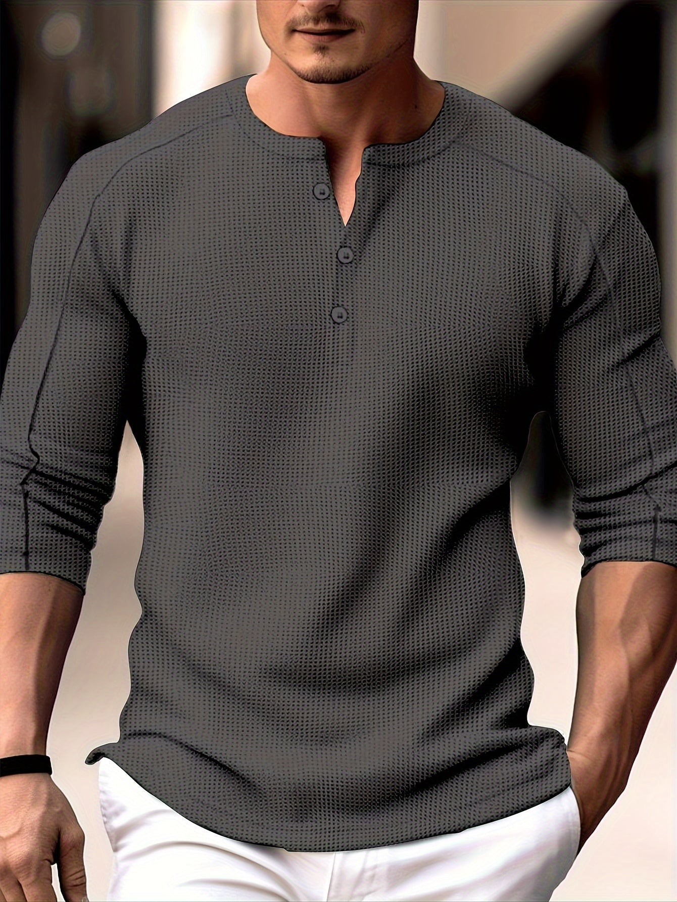 Bastoni - Long-Sleeve Henley Shirt Made of Waffle Knit