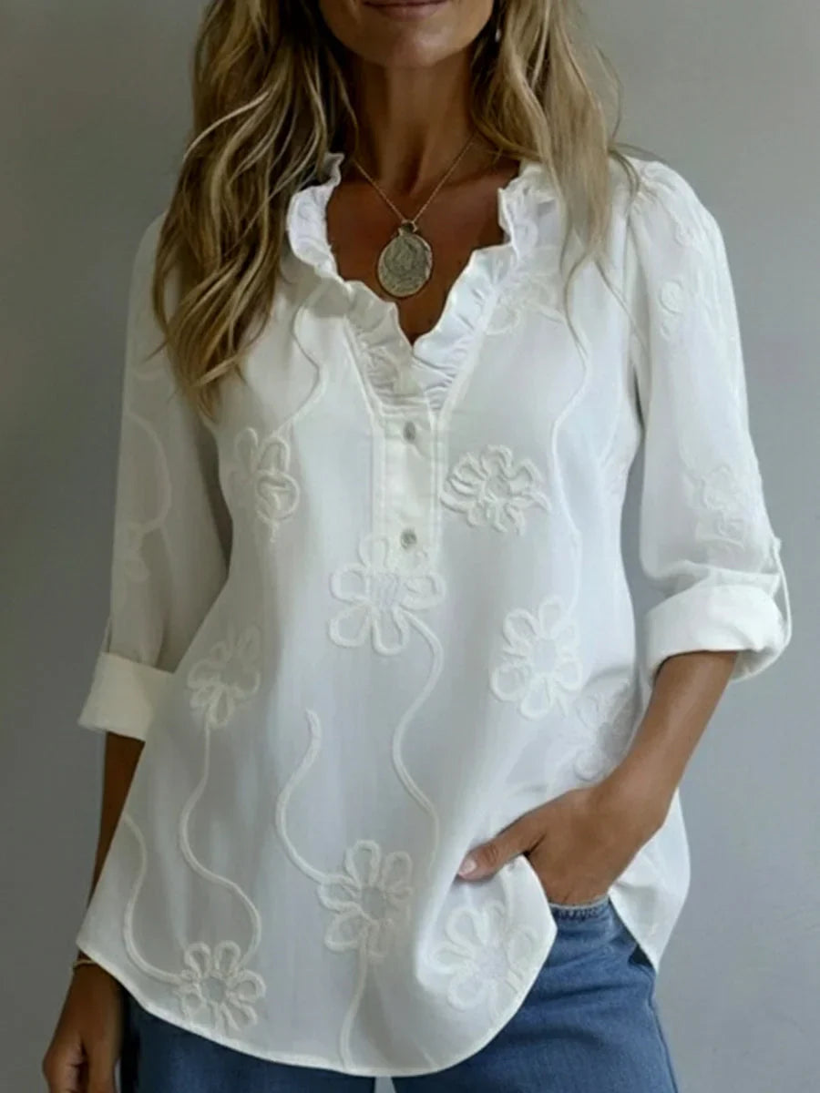 Beatrixa – Shirt with Ruffled Collar and Floral Pattern