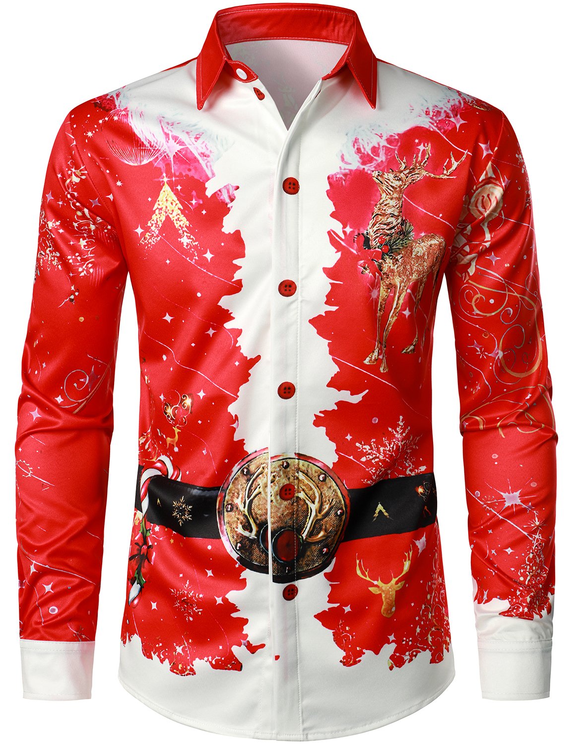 Beau – Men's Top with Christmas Inspiration, Red Festive Outfit, Festive Button-Up Shirt with Long Sleeves