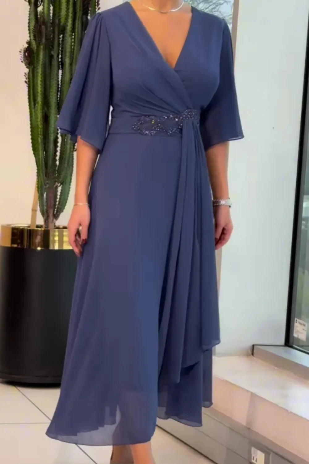 Bhagya - Elegant Long Chiffon Dress with V-Neck
