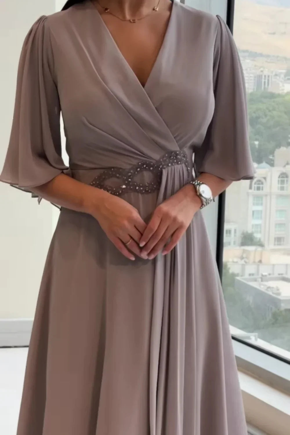 Bhagya - Elegant Long Chiffon Dress with V-Neck