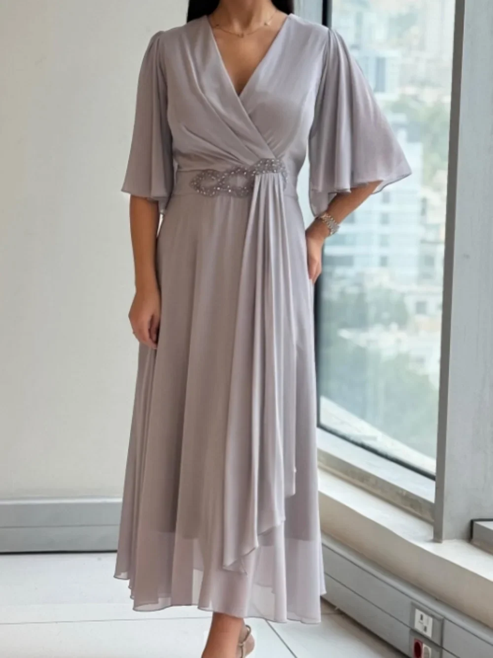 Bhagya - Elegant Long Chiffon Dress with V-Neck