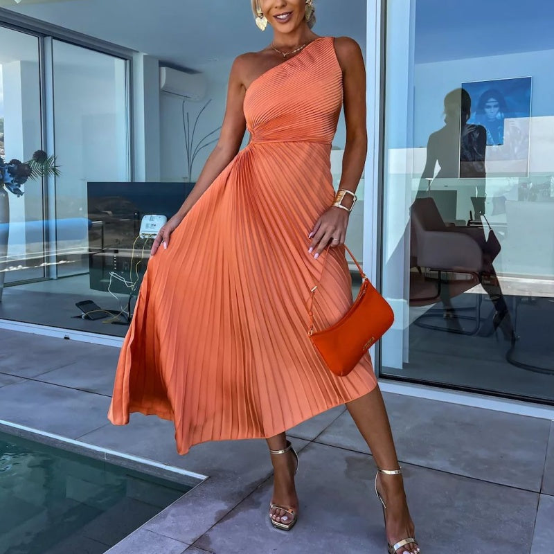 Breena – Stylish Asymmetrical Pleated Maxi Dress