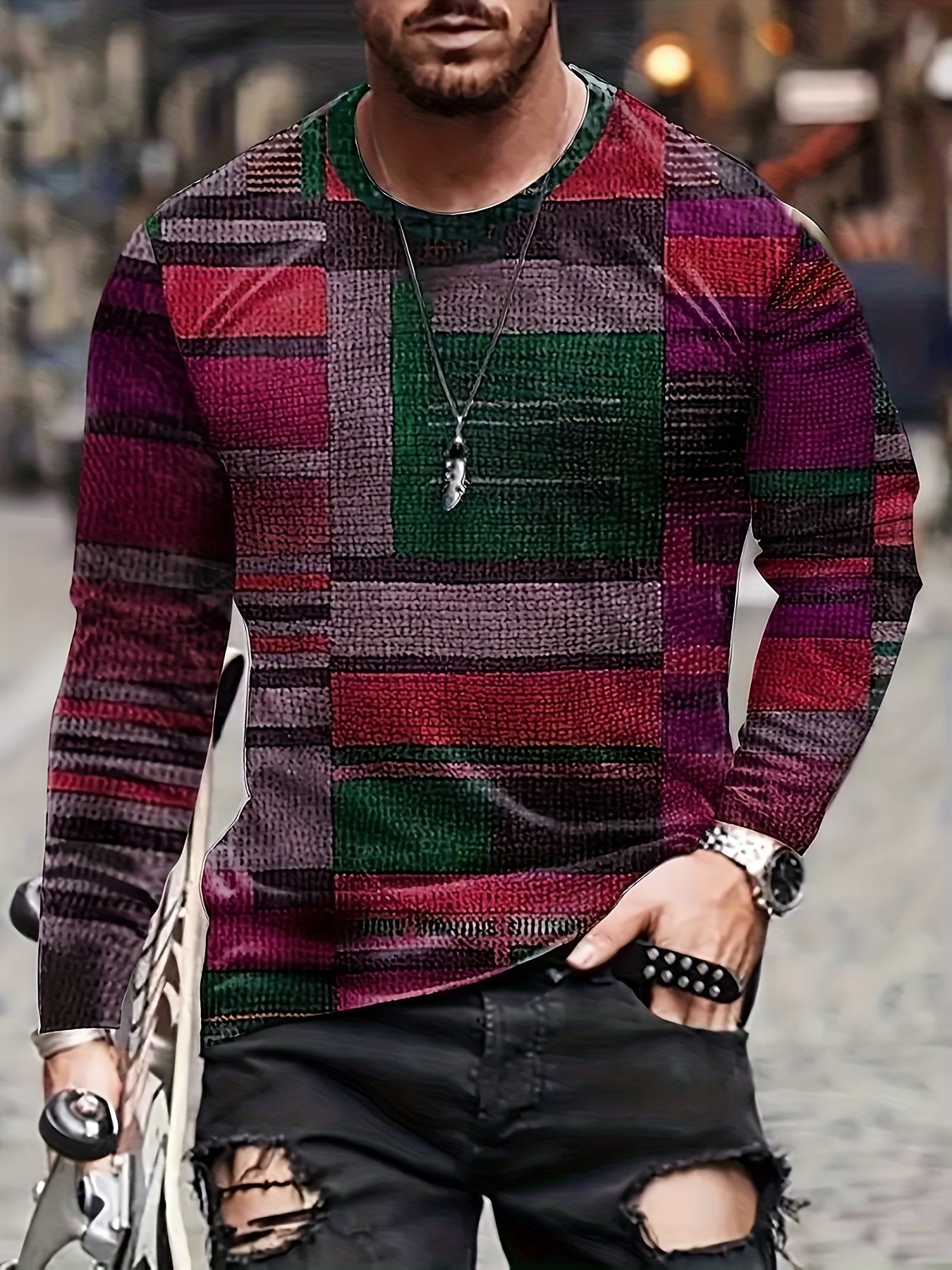 Calvin – Long Sleeve T-Shirt with Block Pattern