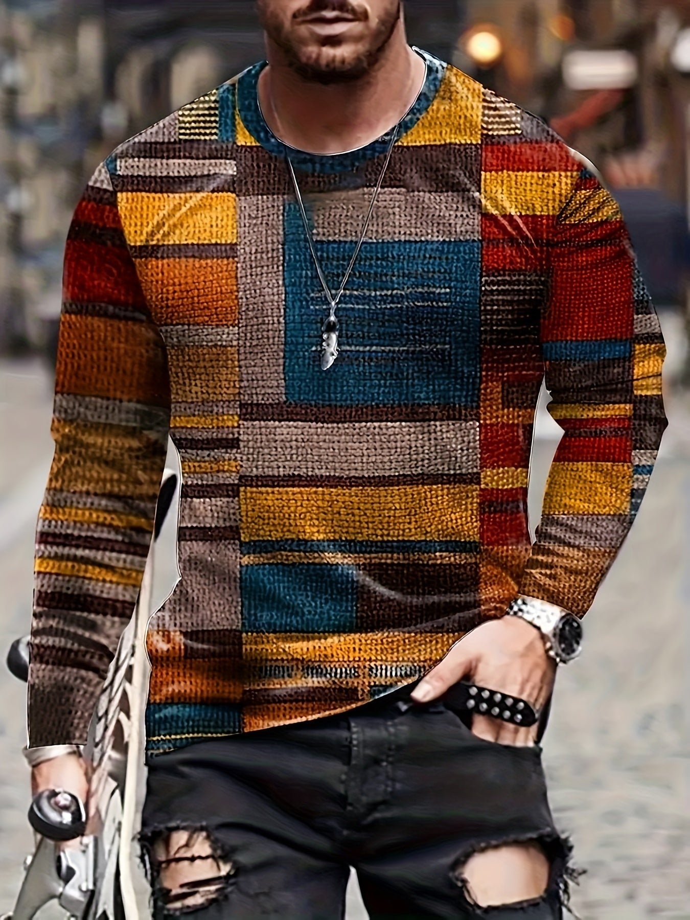 Calvin – Long Sleeve T-Shirt with Block Pattern