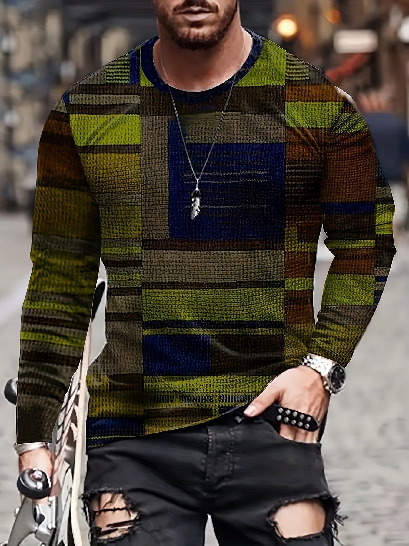 Calvin – Long Sleeve T-Shirt with Block Pattern