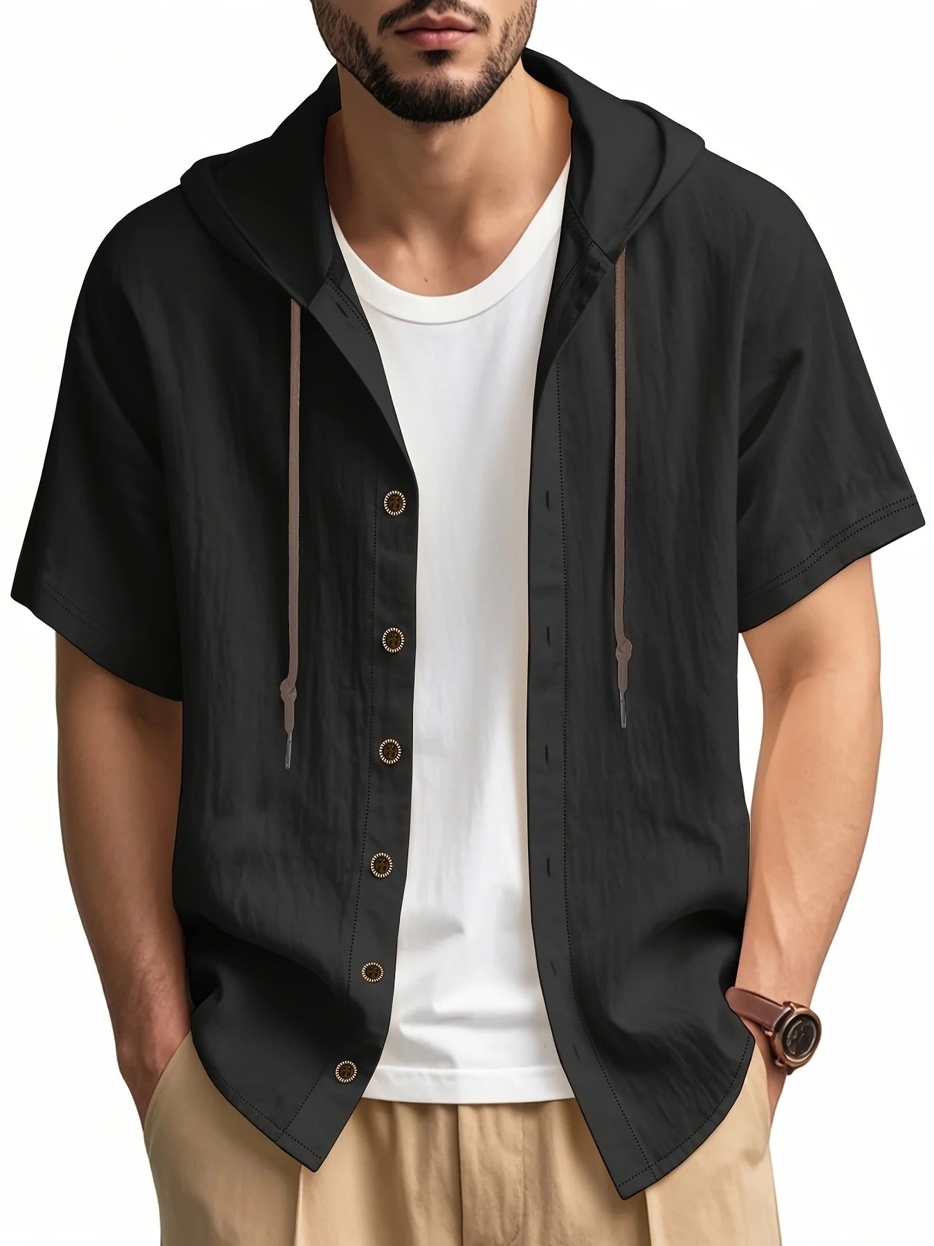 Chadwick - Lightweight Short-Sleeve Linen Shirts with Hood