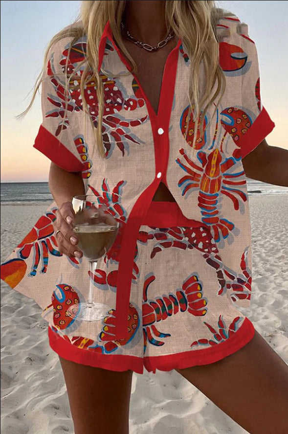 Daphira – Short Linen Suit with Lobster Print