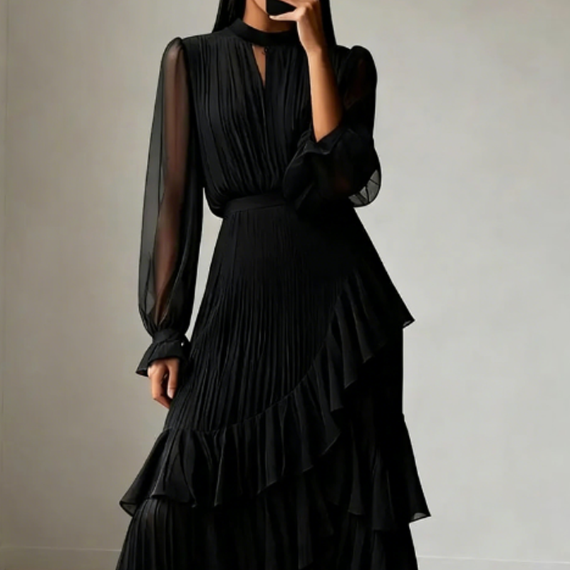 Daryna – Pleated Midi Dress with Keyhole Neckline