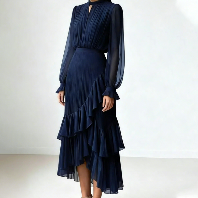 Daryna – Pleated Midi Dress with Keyhole Neckline