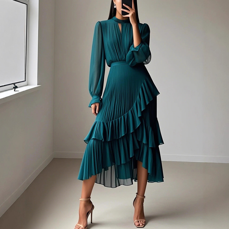 Daryna – Rochie midi plisată cu decolteu tip cheie