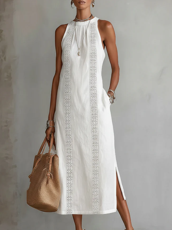 Devindi - Midi Dress Made of Linen with Stand-Up Collar