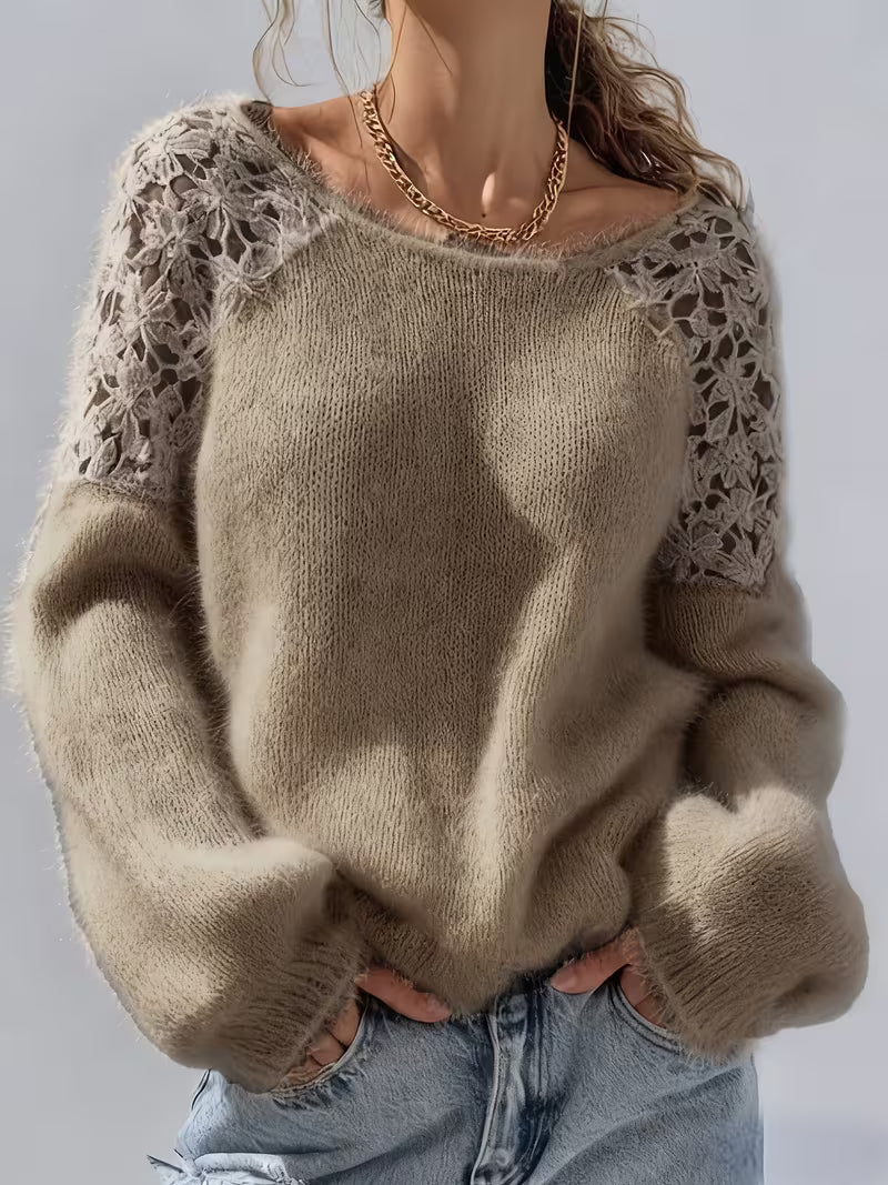 Dobrina – Hollow Lace Sweater with Off-Shoulder Neckline