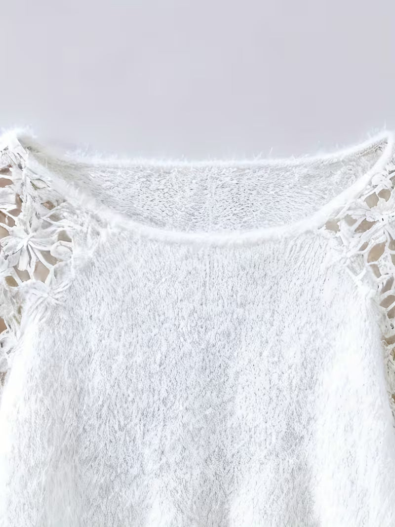 Dobrina – Hollow Lace Sweater with Off-Shoulder Neckline