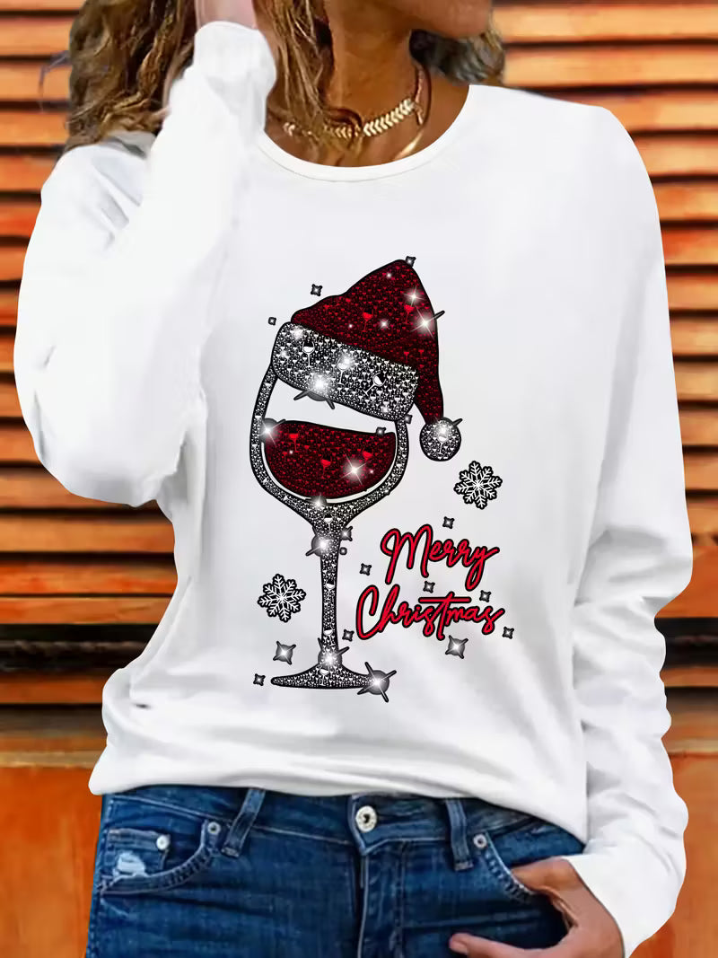 Doreah – Christmas Wine Glass & Sweater with Santa Hat Print