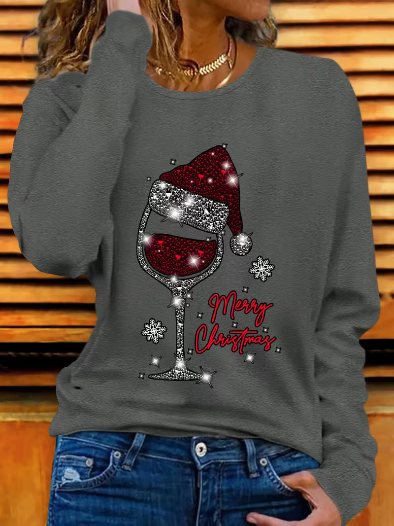 Doreah – Christmas Wine Glass & Sweater with Santa Hat Print
