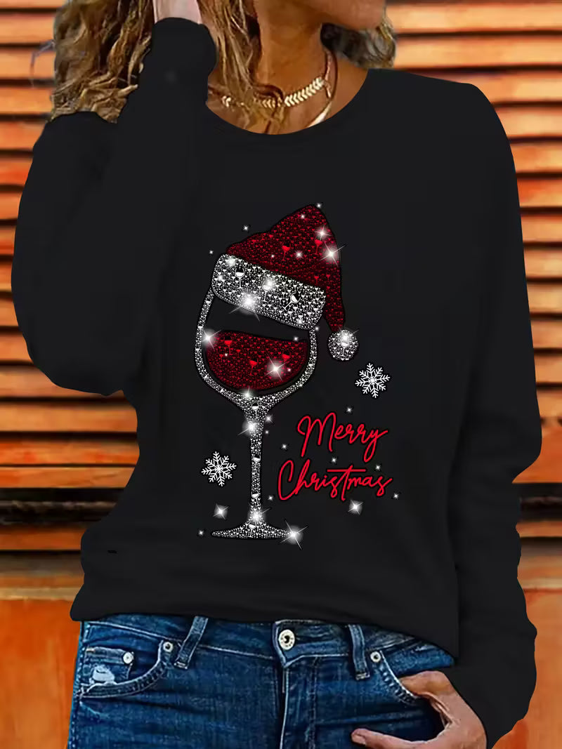Doreah – Christmas Wine Glass & Sweater with Santa Hat Print