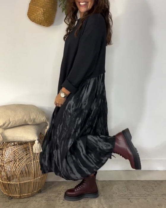 Dragica – Dress with Round Neckline and Irregular Patchwork Prints