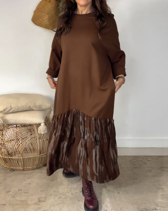 Dragica – Dress with Round Neckline and Irregular Patchwork Prints