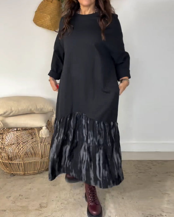 Dragica – Dress with Round Neckline and Irregular Patchwork Prints