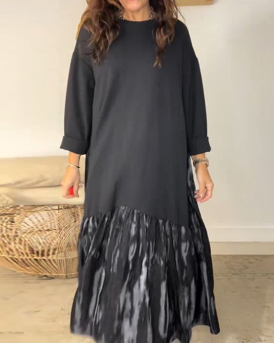 Dragica – Dress with Round Neckline and Irregular Patchwork Prints