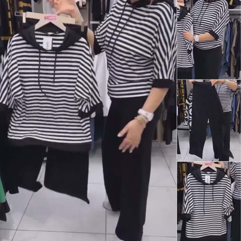 Dwiska – Striped Top and Solid Color Pants Set